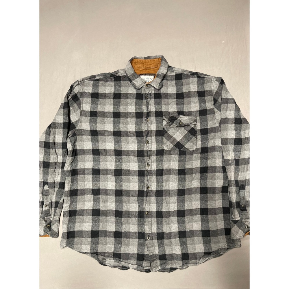 Gioberti Mens XXL Grey Black Buffalo Plaid Flannel Shirt Corduroy Trim LS-94FC